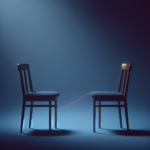 Deux chaises reliées par un fil rouge, distance et lien