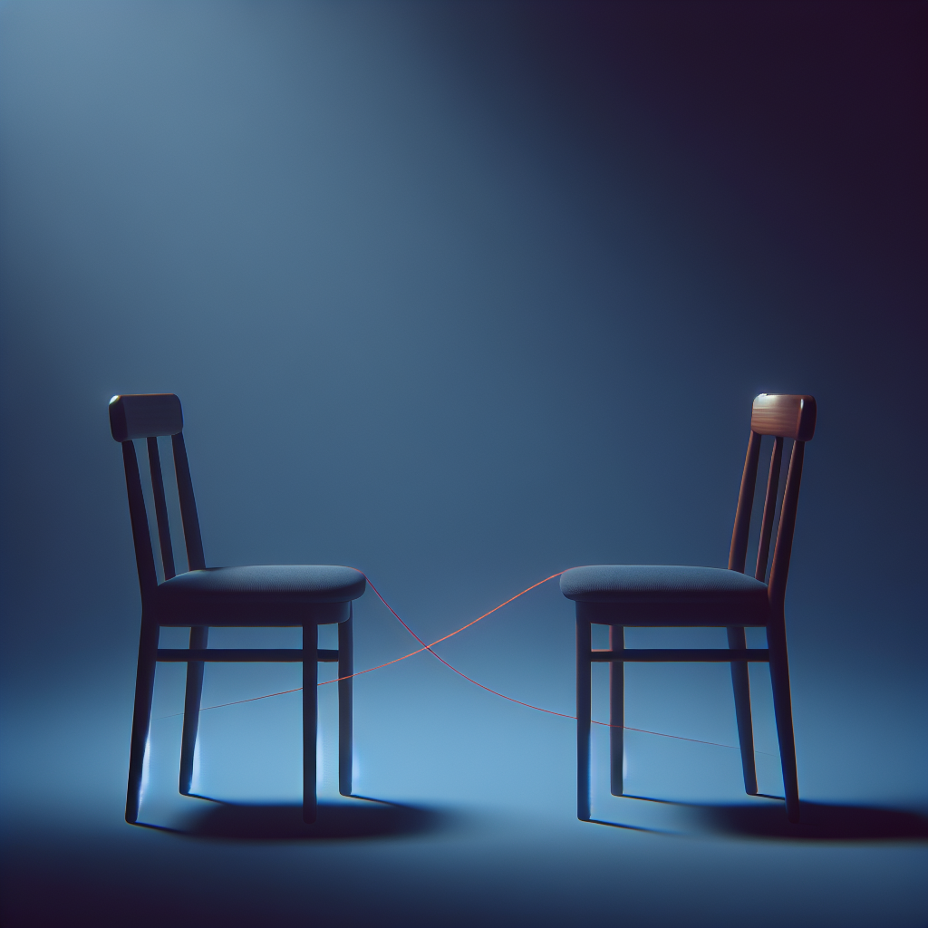 Deux chaises reliées par un fil rouge, distance et lien